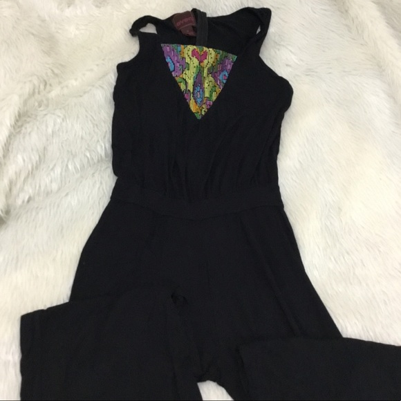 Even women’s multicolored floral black jersey knit pants jumpsuit size medium - Picture 3 of 5